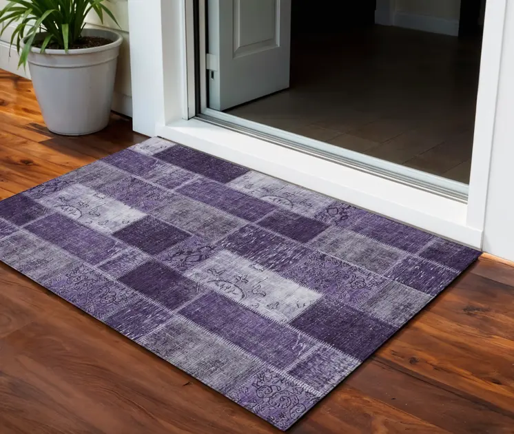 3' X 5' Purple Eggplant And Lavender Patchwork Washable Indoor Outdoor Area Rug