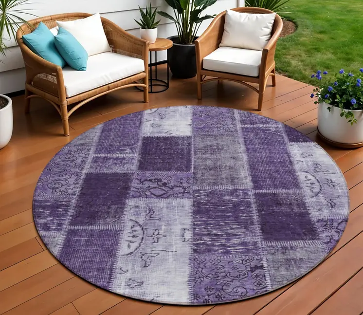 8' Purple Eggplant And Lavender Round Patchwork Washable Indoor Outdoor Area Rug
