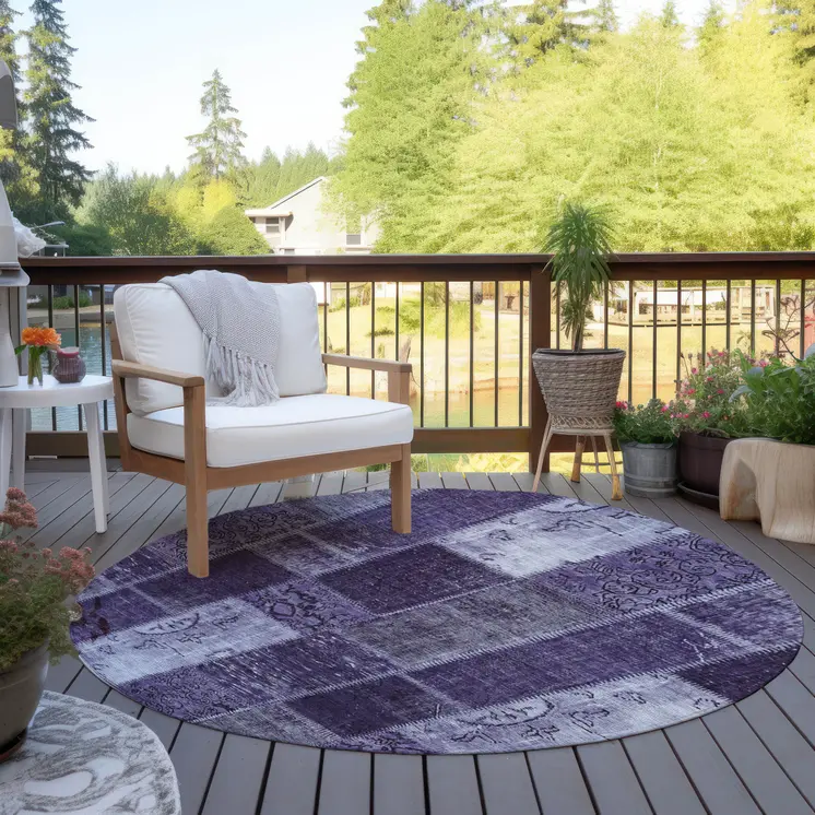 8' Purple Eggplant And Lavender Round Patchwork Washable Indoor Outdoor Area Rug