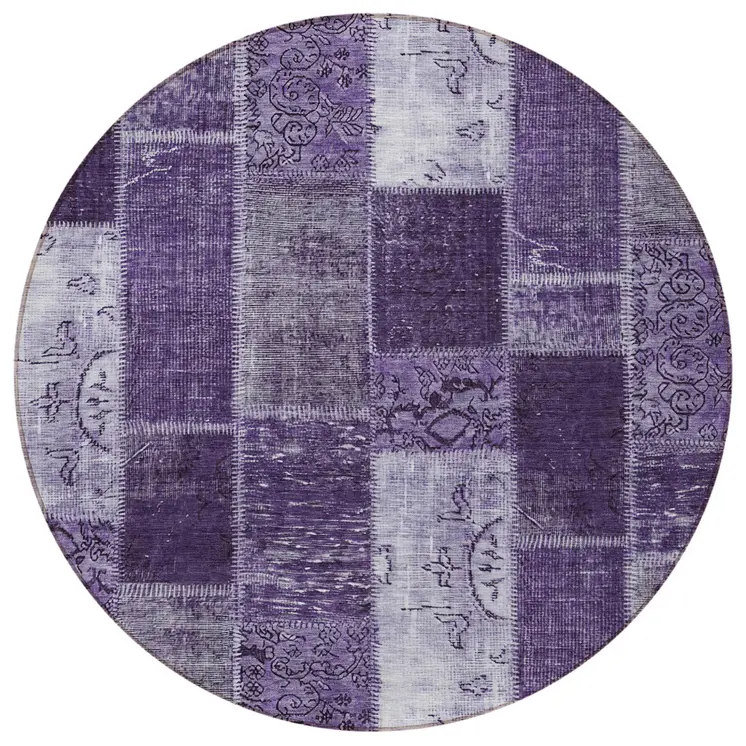 8' Purple Eggplant And Lavender Round Patchwork Washable Indoor Outdoor Area Rug