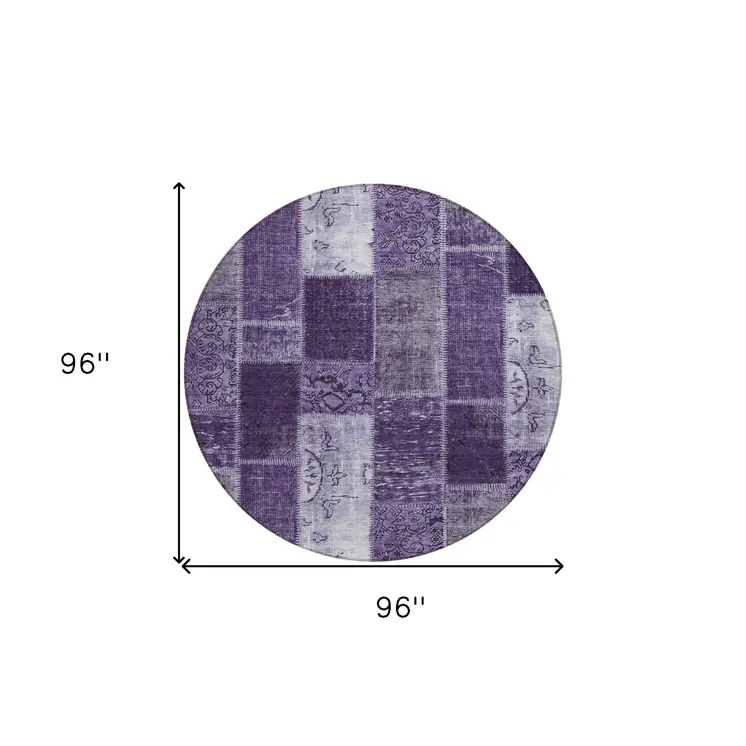 8' Purple Eggplant And Lavender Round Patchwork Washable Indoor Outdoor Area Rug