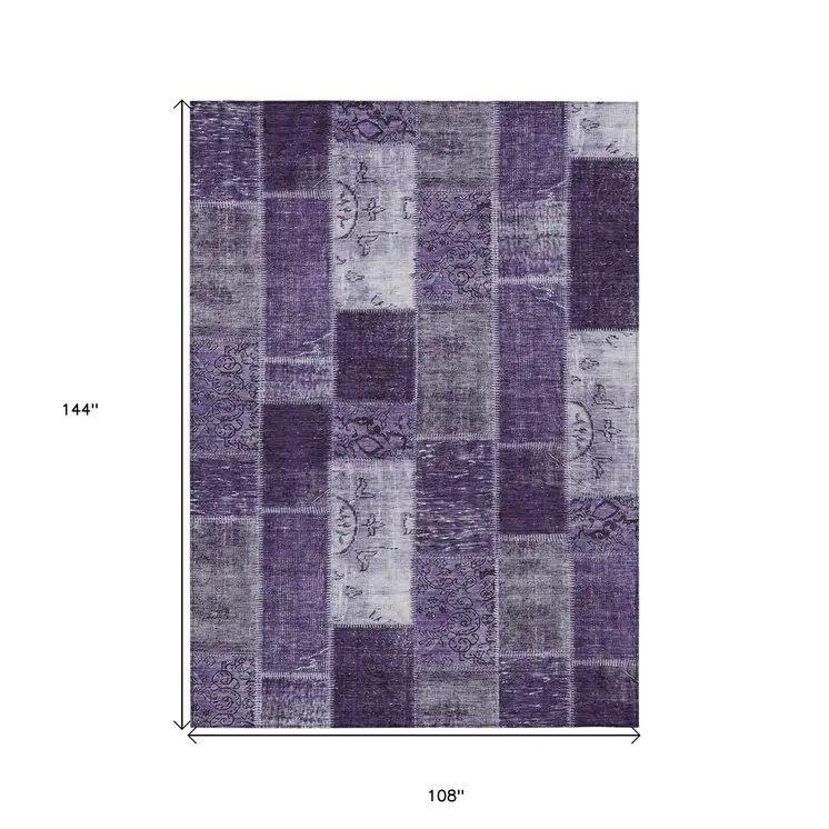 9' X 12' Purple Eggplant And Lavender Patchwork Washable Indoor Outdoor Area Rug
