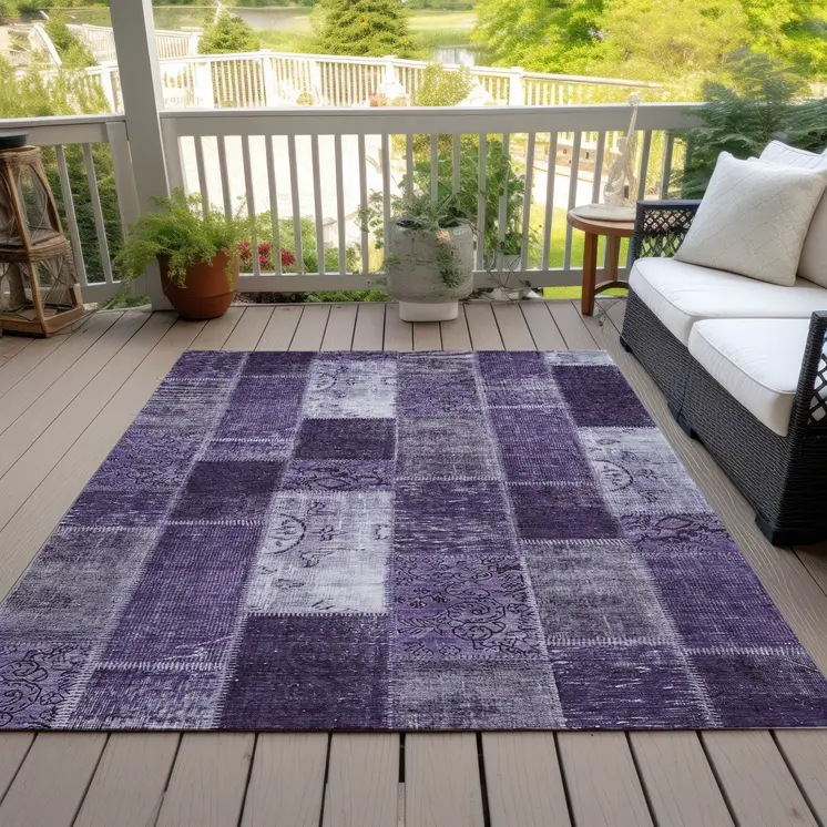9' X 12' Purple Eggplant And Lavender Patchwork Washable Indoor Outdoor Area Rug