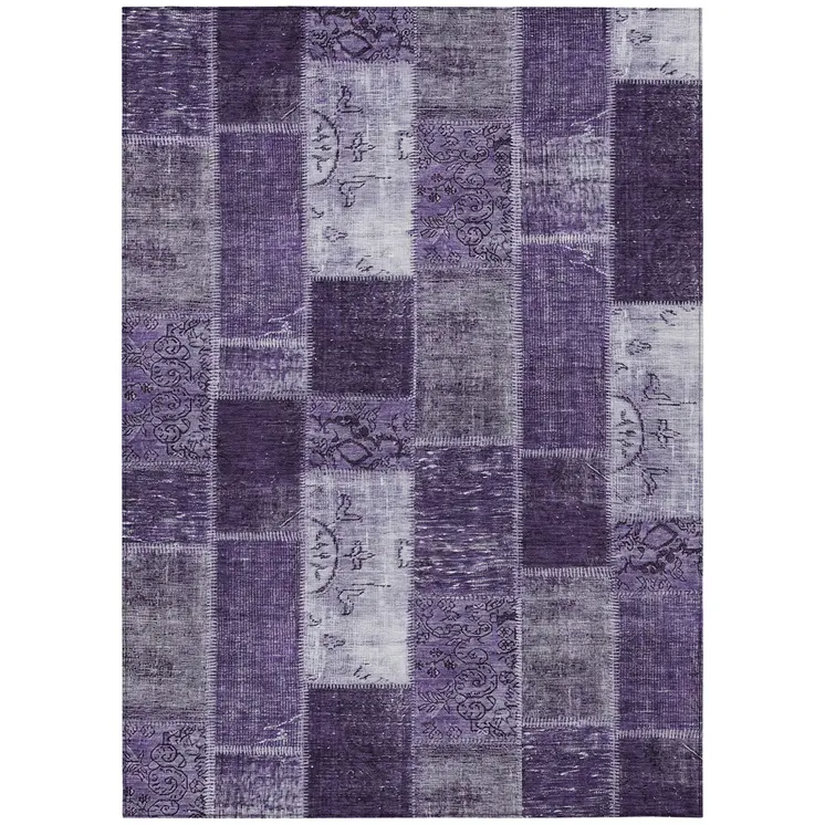 9' X 12' Purple Eggplant And Lavender Patchwork Washable Indoor Outdoor Area Rug