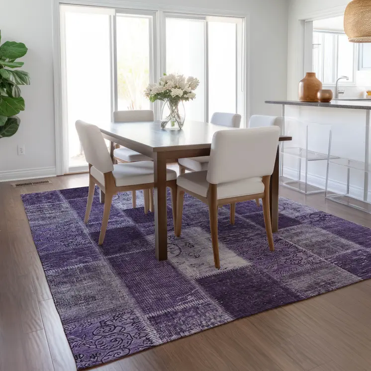 9' X 12' Purple Eggplant And Lavender Patchwork Washable Indoor Outdoor Area Rug