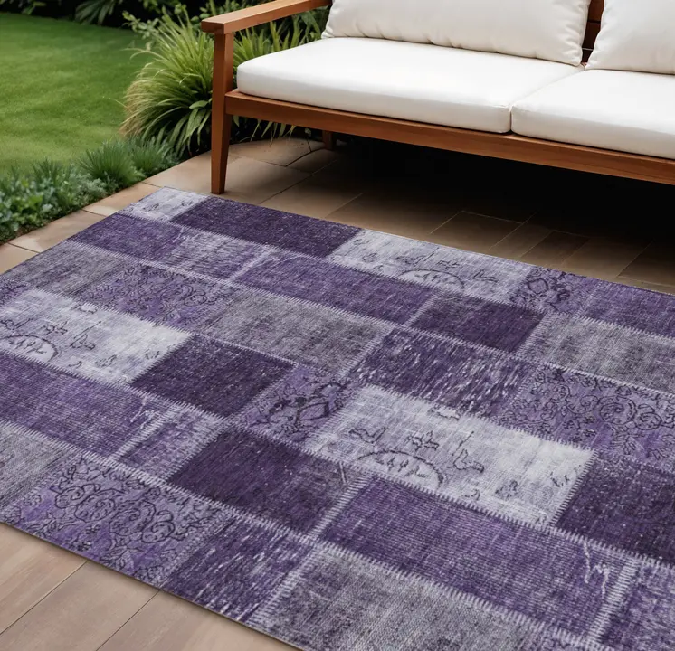 10' X 14' Purple Eggplant And Lavender Patchwork Washable Indoor Outdoor Area Rug