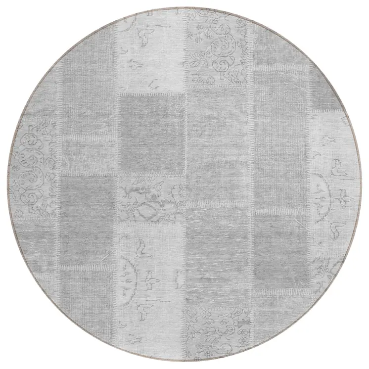 8' Silver Gray And Graphite Round Patchwork Washable Indoor Outdoor Area Rug