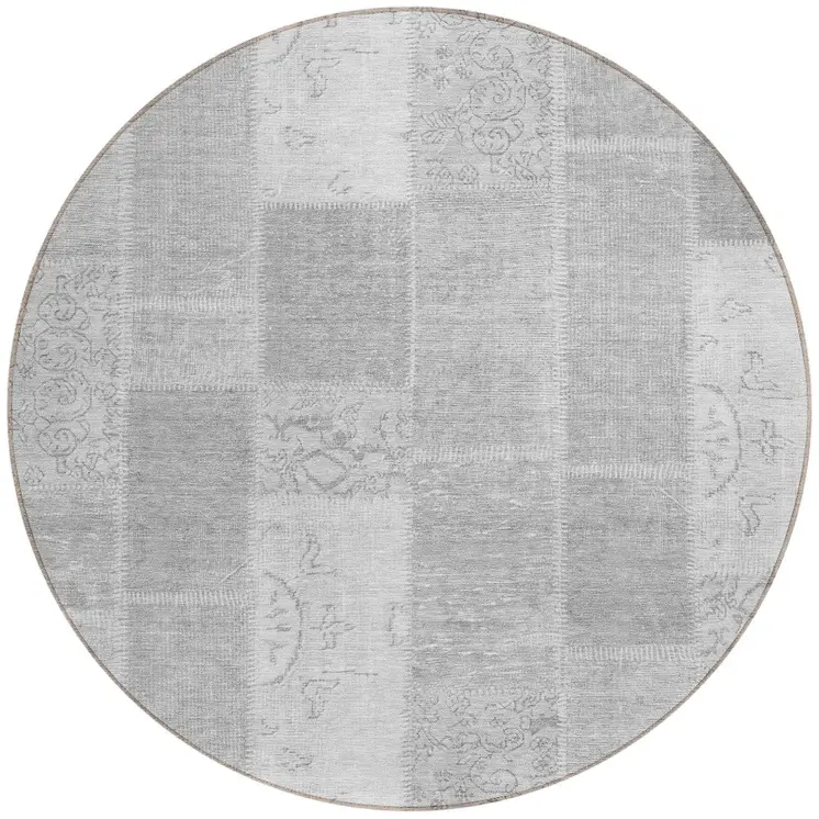 8' Silver Gray And Graphite Round Patchwork Washable Indoor Outdoor Area Rug