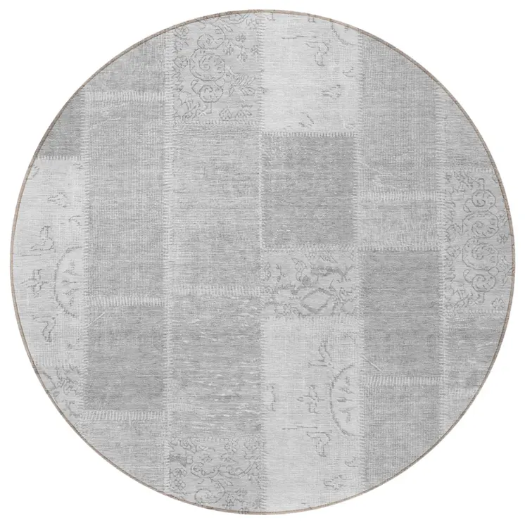 8' Silver Gray And Graphite Round Patchwork Washable Indoor Outdoor Area Rug