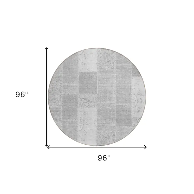8' Silver Gray And Graphite Round Patchwork Washable Indoor Outdoor Area Rug