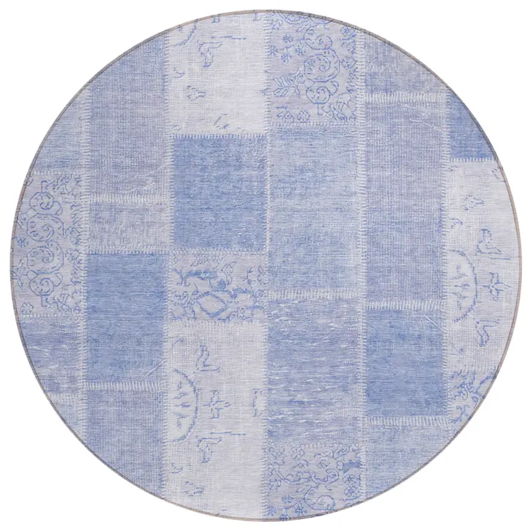 8' Sky Blue And Denim Blue Round Patchwork Washable Indoor Outdoor Area Rug