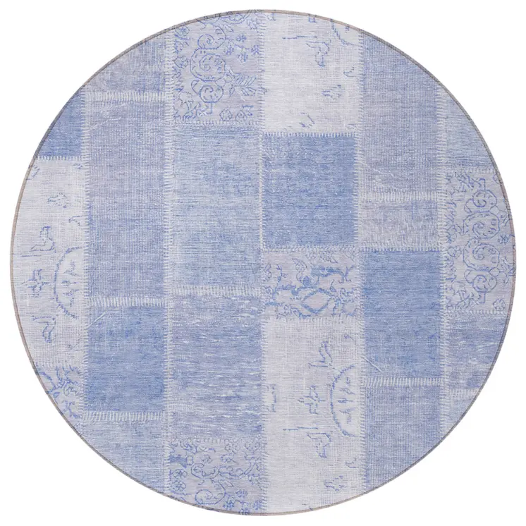 8' Sky Blue And Denim Blue Round Patchwork Washable Indoor Outdoor Area Rug