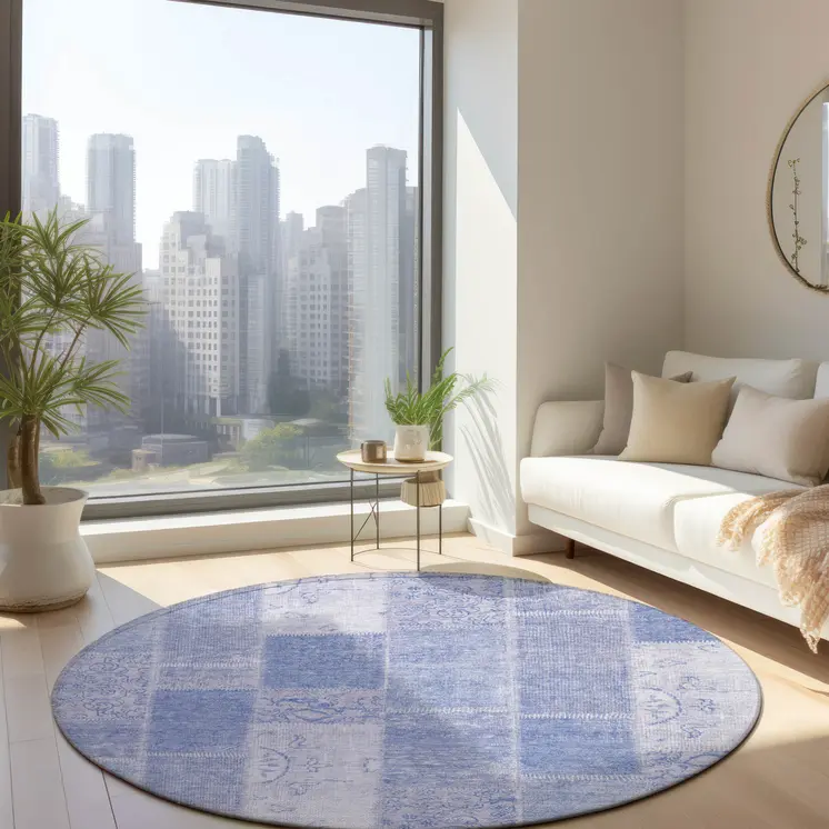 8' Sky Blue And Denim Blue Round Patchwork Washable Indoor Outdoor Area Rug