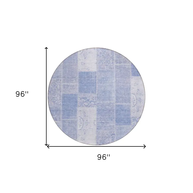 8' Sky Blue And Denim Blue Round Patchwork Washable Indoor Outdoor Area Rug