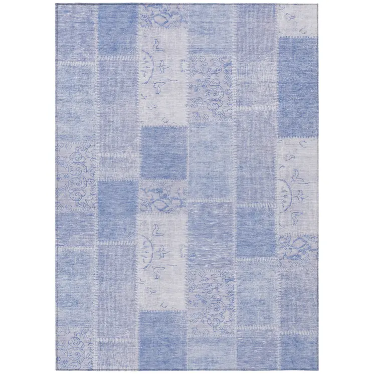9' X 12' Sky Blue And Denim Blue Patchwork Washable Indoor Outdoor Area Rug