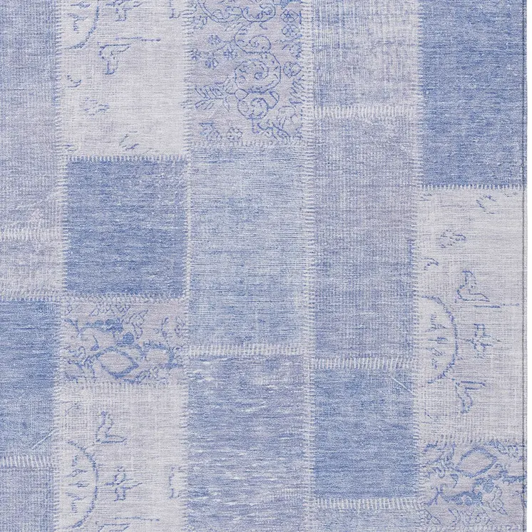 9' X 12' Sky Blue And Denim Blue Patchwork Washable Indoor Outdoor Area Rug
