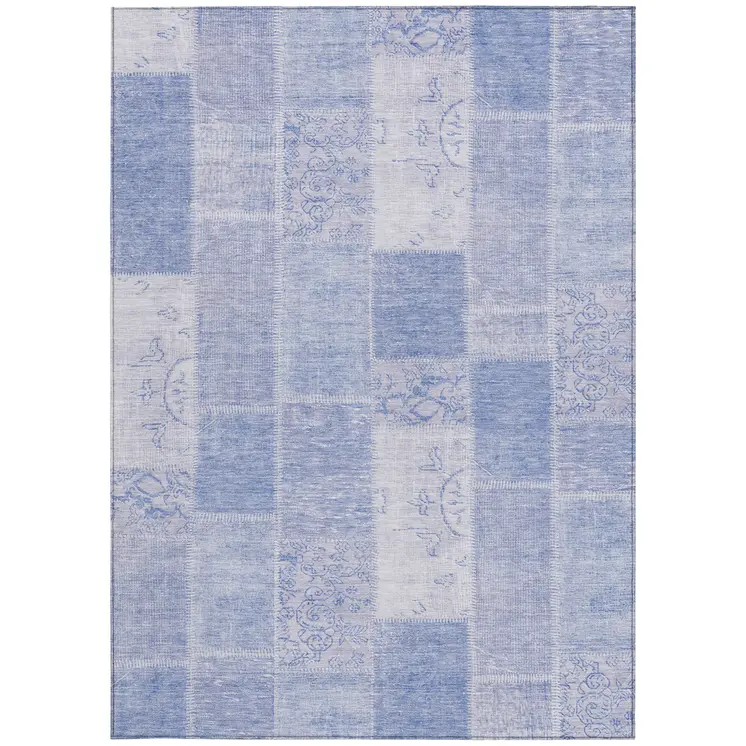 10' X 14' Sky Blue And Denim Blue Patchwork Washable Indoor Outdoor Area Rug