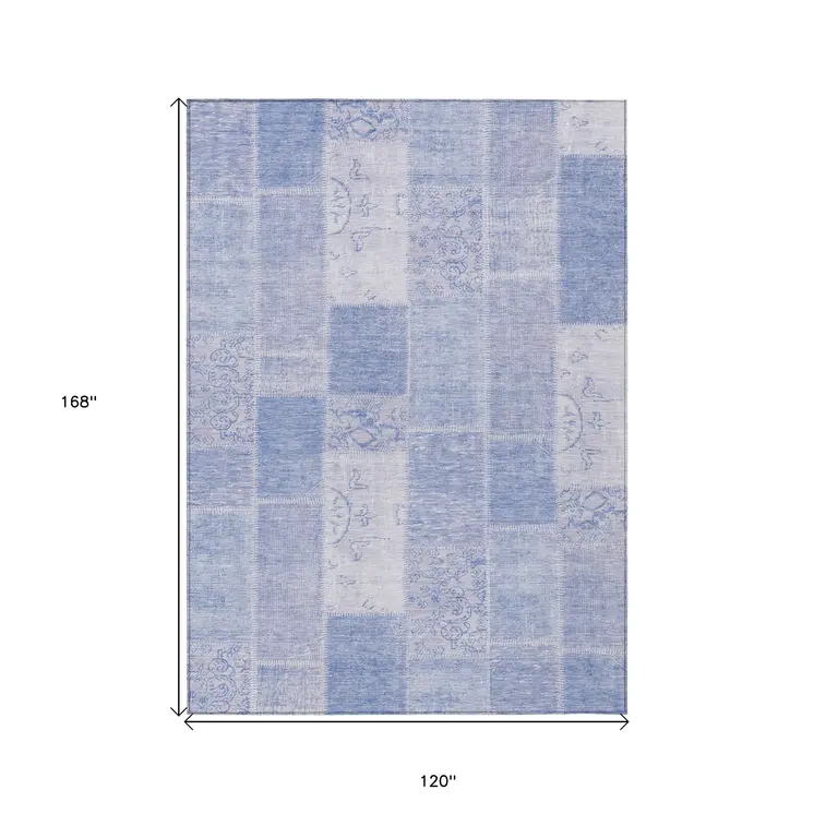 10' X 14' Sky Blue And Denim Blue Patchwork Washable Indoor Outdoor Area Rug
