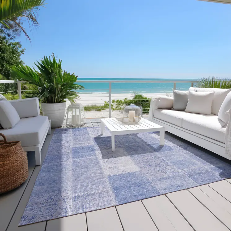 10' X 14' Sky Blue And Denim Blue Patchwork Washable Indoor Outdoor Area Rug