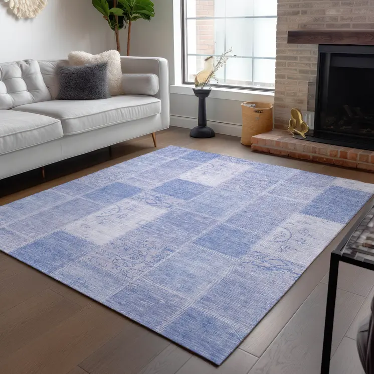 10' X 14' Sky Blue And Denim Blue Patchwork Washable Indoor Outdoor Area Rug