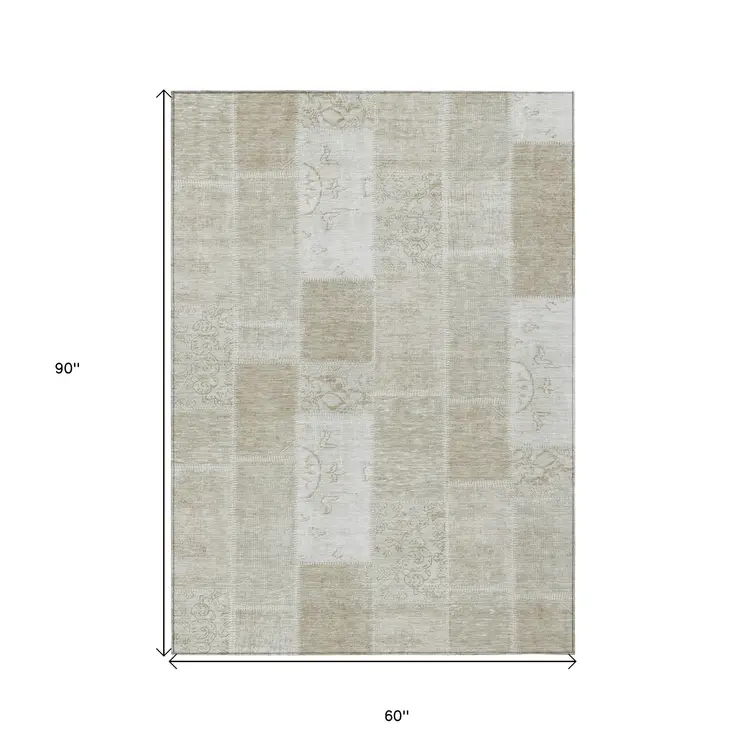 5' X 8' Taupe Beige And Tan Patchwork Washable Indoor Outdoor Area Rug