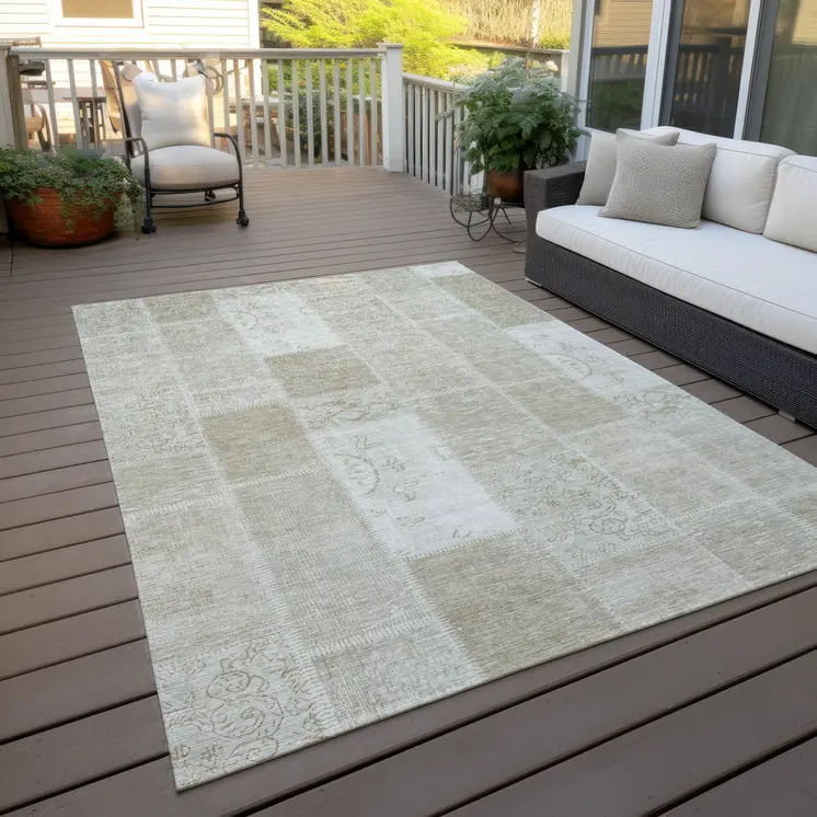 5' X 8' Taupe Beige And Tan Patchwork Washable Indoor Outdoor Area Rug