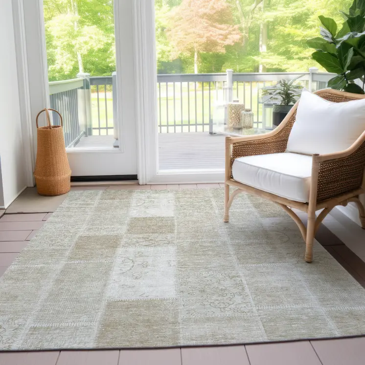 5' X 8' Taupe Beige And Tan Patchwork Washable Indoor Outdoor Area Rug