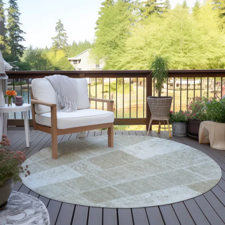 8' Taupe Beige And Tan Round Patchwork Washable Indoor Outdoor Area Rug