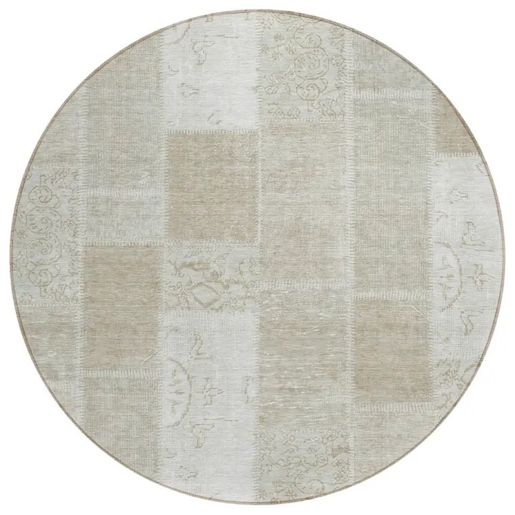 8' Taupe Beige And Tan Round Patchwork Washable Indoor Outdoor Area Rug