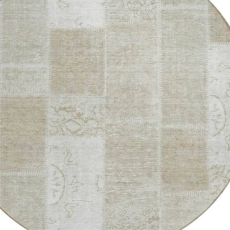 8' Taupe Beige And Tan Round Patchwork Washable Indoor Outdoor Area Rug