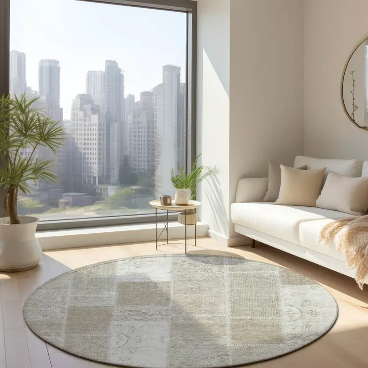 8' Taupe Beige And Tan Round Patchwork Washable Indoor Outdoor Area Rug