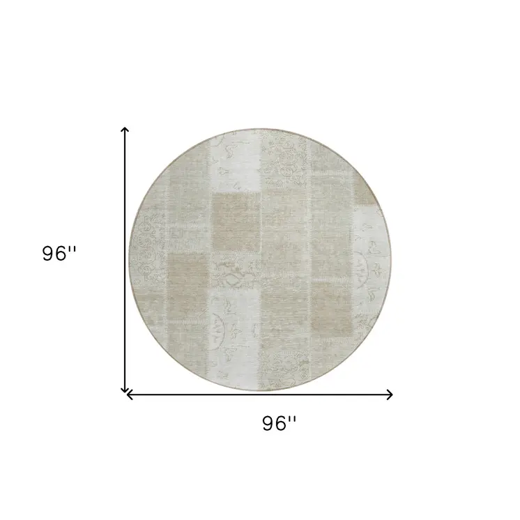 8' Taupe Beige And Tan Round Patchwork Washable Indoor Outdoor Area Rug