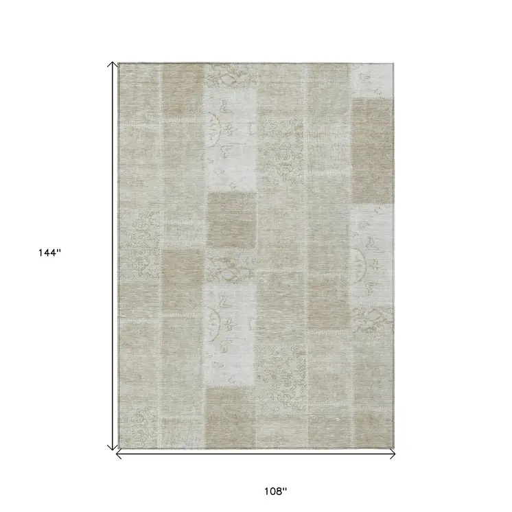 9' X 12' Taupe Beige And Tan Patchwork Washable Indoor Outdoor Area Rug