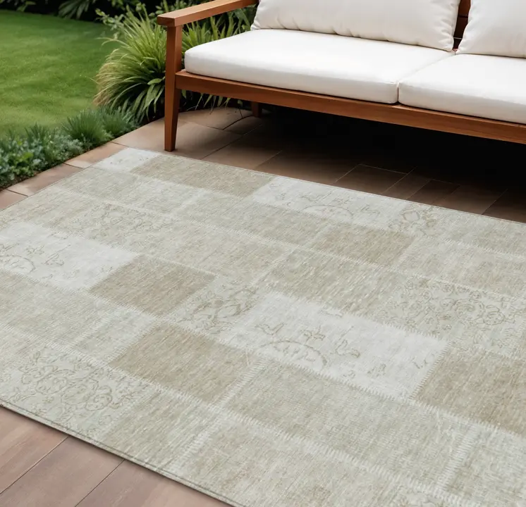 10' X 14' Taupe Beige And Tan Patchwork Washable Indoor Outdoor Area Rug
