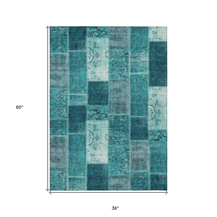 3' X 5' Teal Blue Aqua And Turquoise Patchwork Washable Indoor Outdoor Area Rug