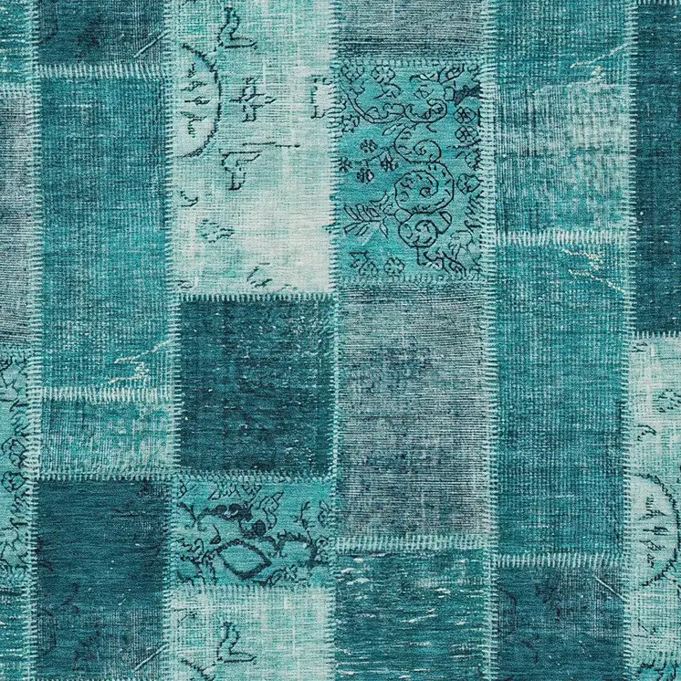 5' X 8' Teal Blue Aqua And Turquoise Patchwork Washable Indoor Outdoor Area Rug
