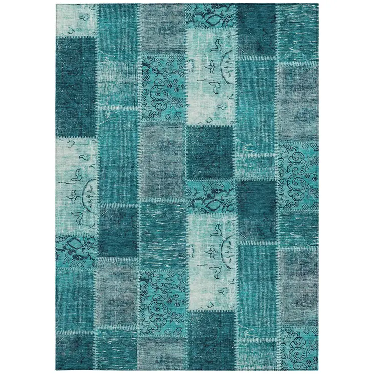 5' X 8' Teal Blue Aqua And Turquoise Patchwork Washable Indoor Outdoor Area Rug
