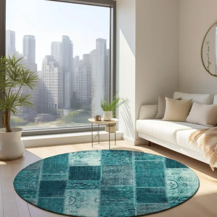 8' Teal Blue Aqua And Turquoise Round Patchwork Washable Indoor Outdoor Area Rug