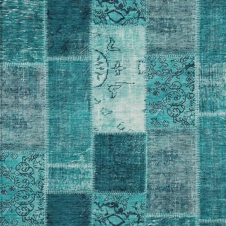 8' X 10' Teal Blue Aqua And Turquoise Patchwork Washable Indoor Outdoor Area Rug