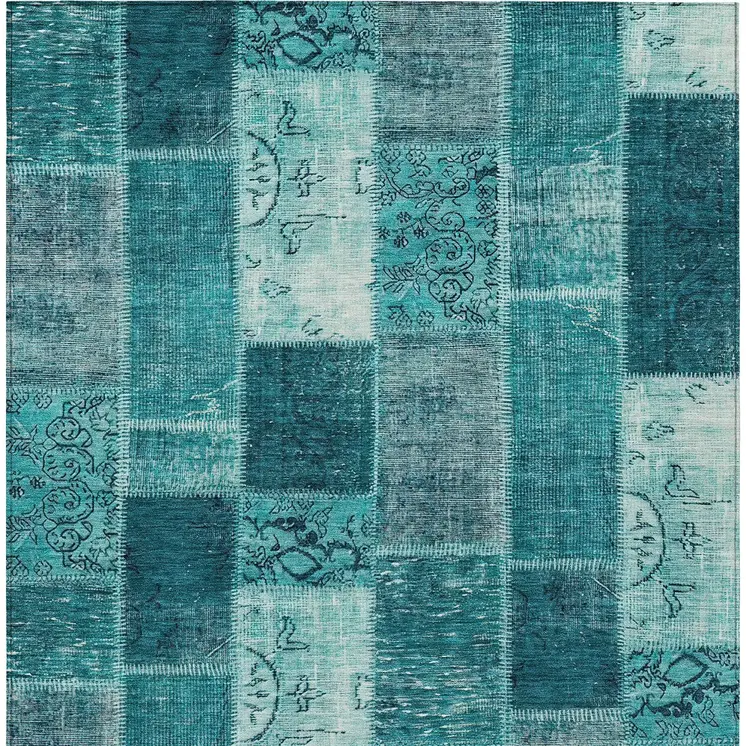 9' X 12' Teal Blue Aqua And Turquoise Patchwork Washable Indoor Outdoor Area Rug