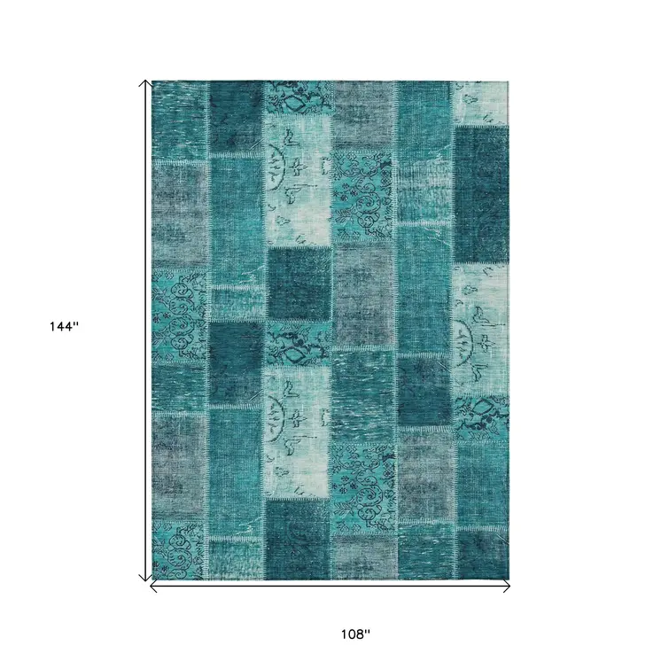 9' X 12' Teal Blue Aqua And Turquoise Patchwork Washable Indoor Outdoor Area Rug