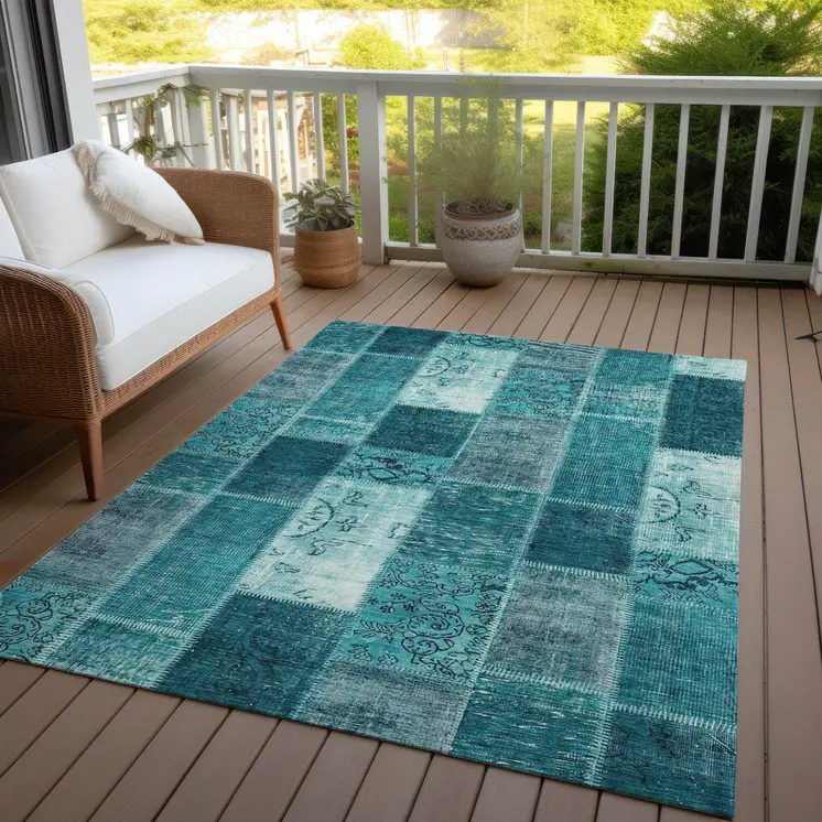 9' X 12' Teal Blue Aqua And Turquoise Patchwork Washable Indoor Outdoor Area Rug