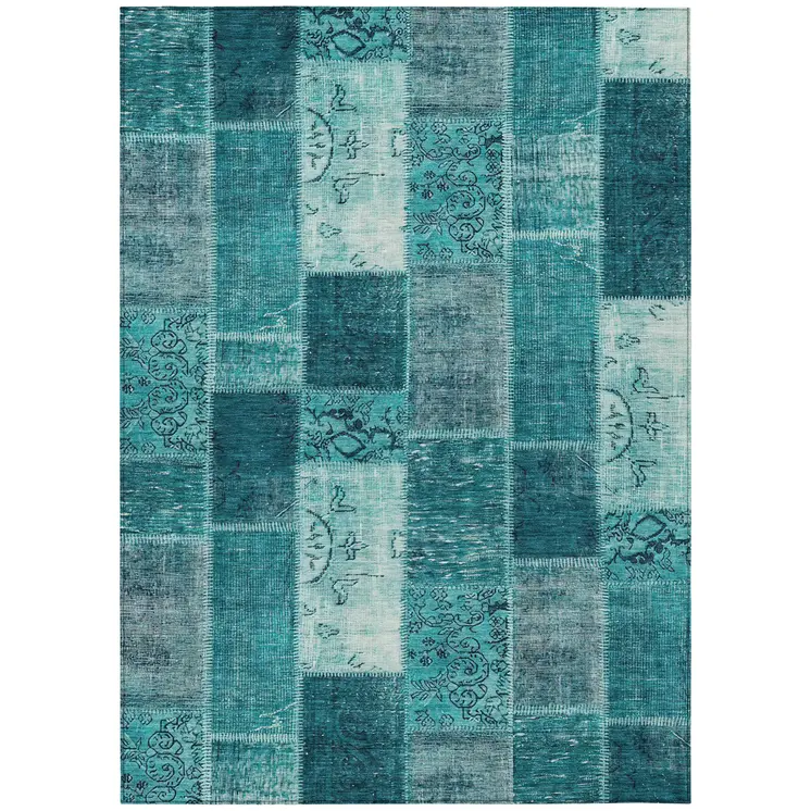 9' X 12' Teal Blue Aqua And Turquoise Patchwork Washable Indoor Outdoor Area Rug