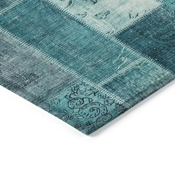 9' X 12' Teal Blue Aqua And Turquoise Patchwork Washable Indoor Outdoor Area Rug