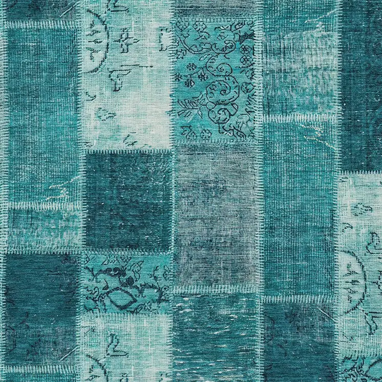 9' X 12' Teal Blue Aqua And Turquoise Patchwork Washable Indoor Outdoor Area Rug