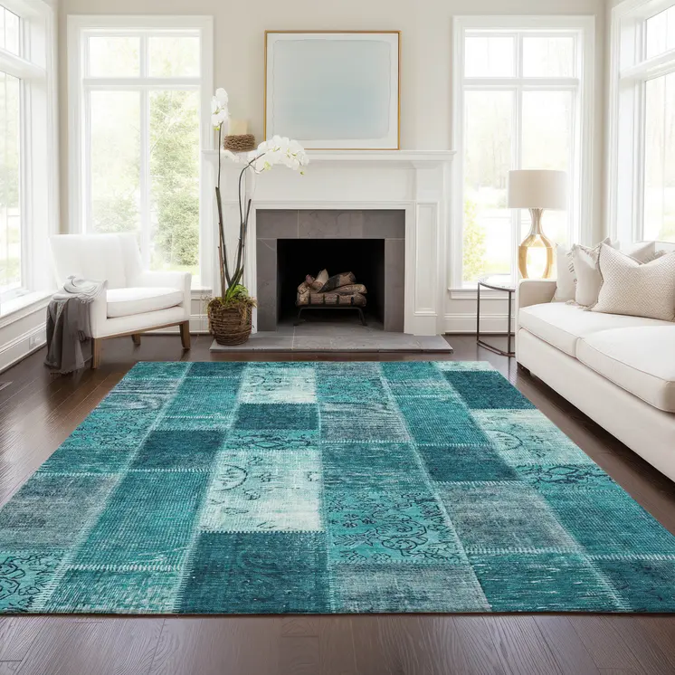 9' X 12' Teal Blue Aqua And Turquoise Patchwork Washable Indoor Outdoor Area Rug