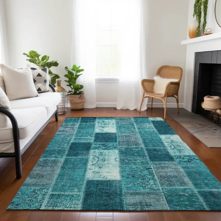 9' X 12' Teal Blue Aqua And Turquoise Patchwork Washable Indoor Outdoor Area Rug