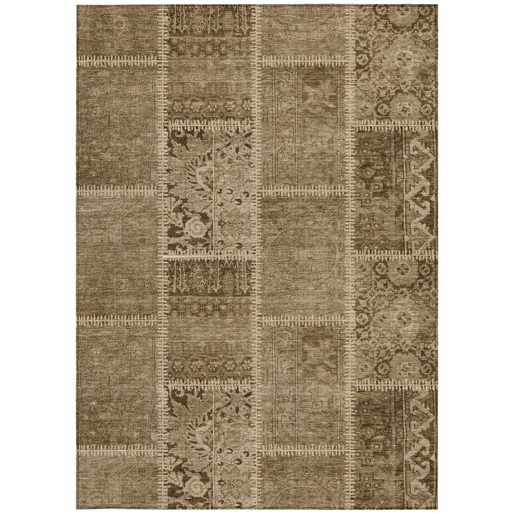 3' X 5' Brown And Beige Patchwork Washable Indoor Outdoor Area Rug