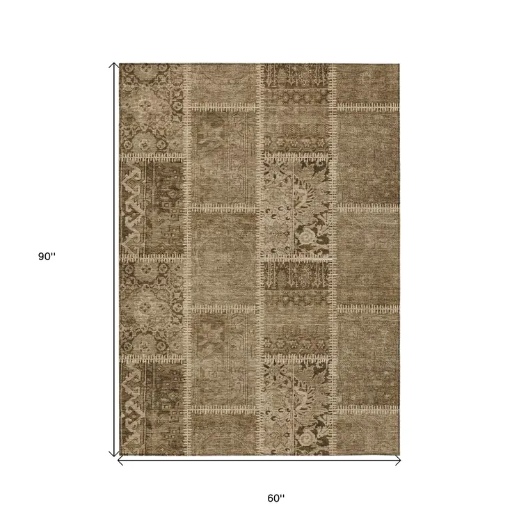 5' X 8' Brown And Beige Patchwork Washable Indoor Outdoor Area Rug