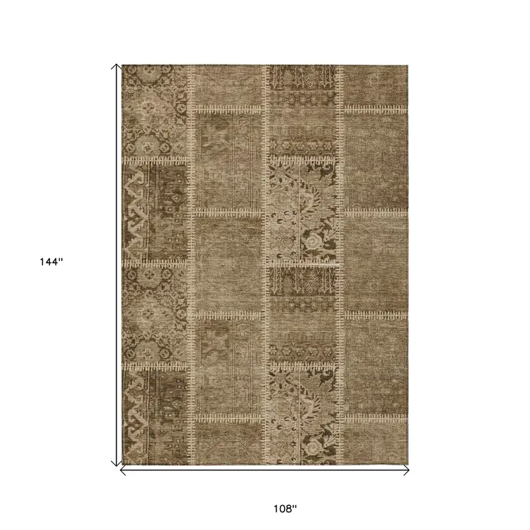9' X 12' Brown And Beige Patchwork Washable Indoor Outdoor Area Rug